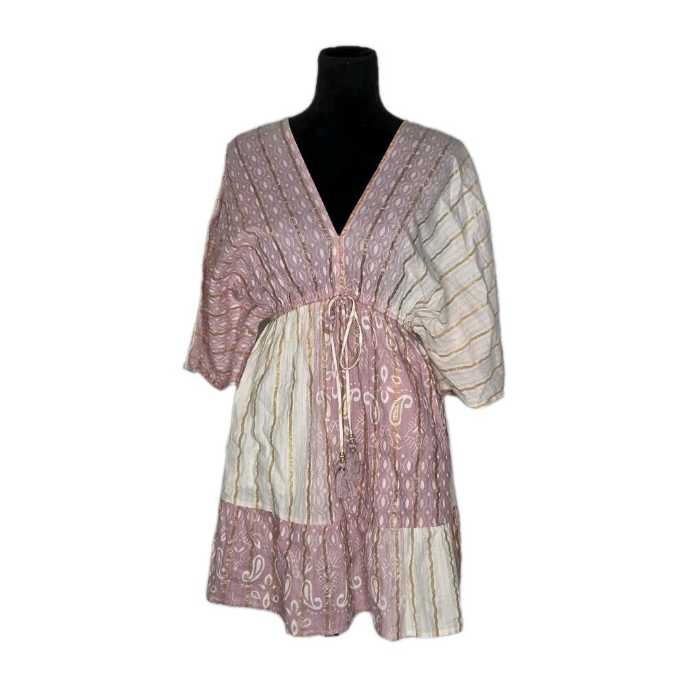 Zury India Cotton Gauze Boho Mini Dress Pink Metallic Stripe Tassel OS